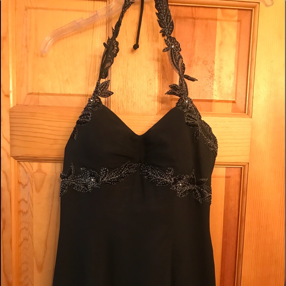 Nablon long black halter dress.